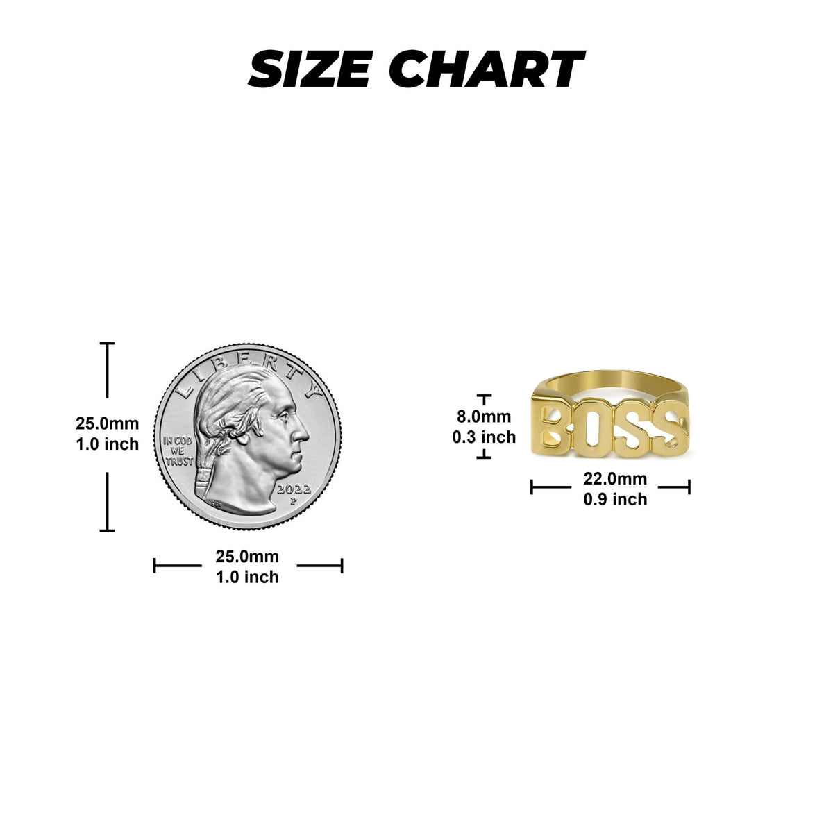 Size chart comparing a gold BOSS ring with a quarter on white background