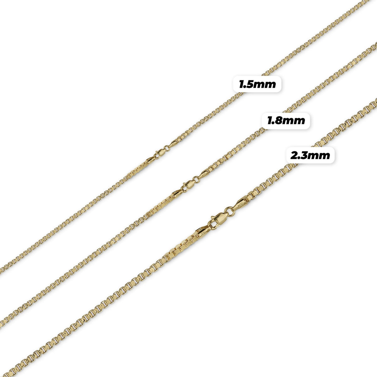 Size chart comparing 10k yellow gold solid box chain widths from 1.5mm to 2.3mm.