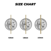 Size chart comparing 10k yellow gold solid box chain widths from 1.5mm to 2.3mm against quarter coins.