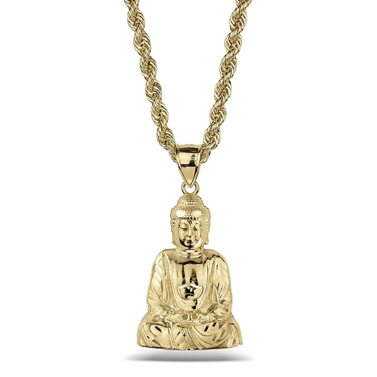 Front view of a 10k yellow gold seated Buddha pendant on a rope chain.