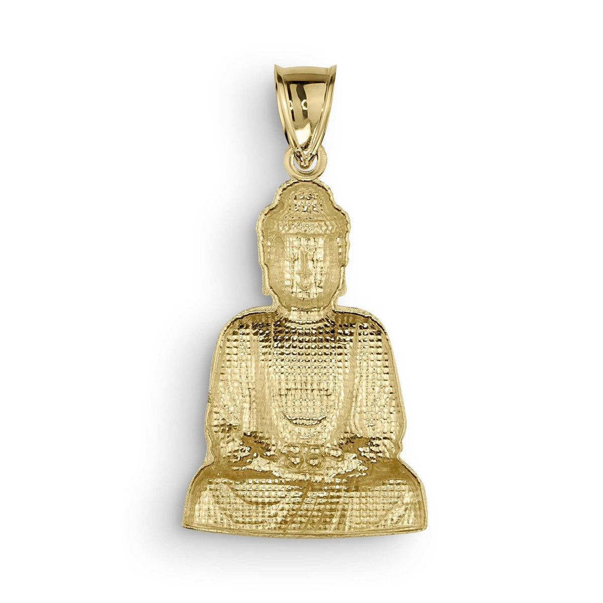 Rear view of a 10k yellow gold seated Buddha pendant isolated on white background.