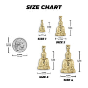 Size chart graphic showing four 10k gold Buddha pendant sizes with quarter comparison.