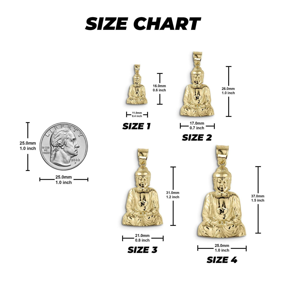 Size chart graphic showing four 10k gold Buddha pendant sizes with quarter comparison.