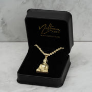 10k gold classic Buddha pendant necklace presented inside a black jewelry gift box