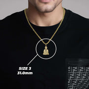 Model wearing Size 3 31.0mm 10k gold classic Buddha pendant necklace for scale reference