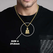 Model wearing Size 4 37.0mm 10k gold classic Buddha pendant necklace for scale reference