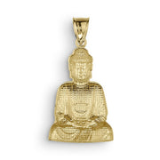 10k yellow gold Buddha pendant with textured detailing and a polished bail against white.