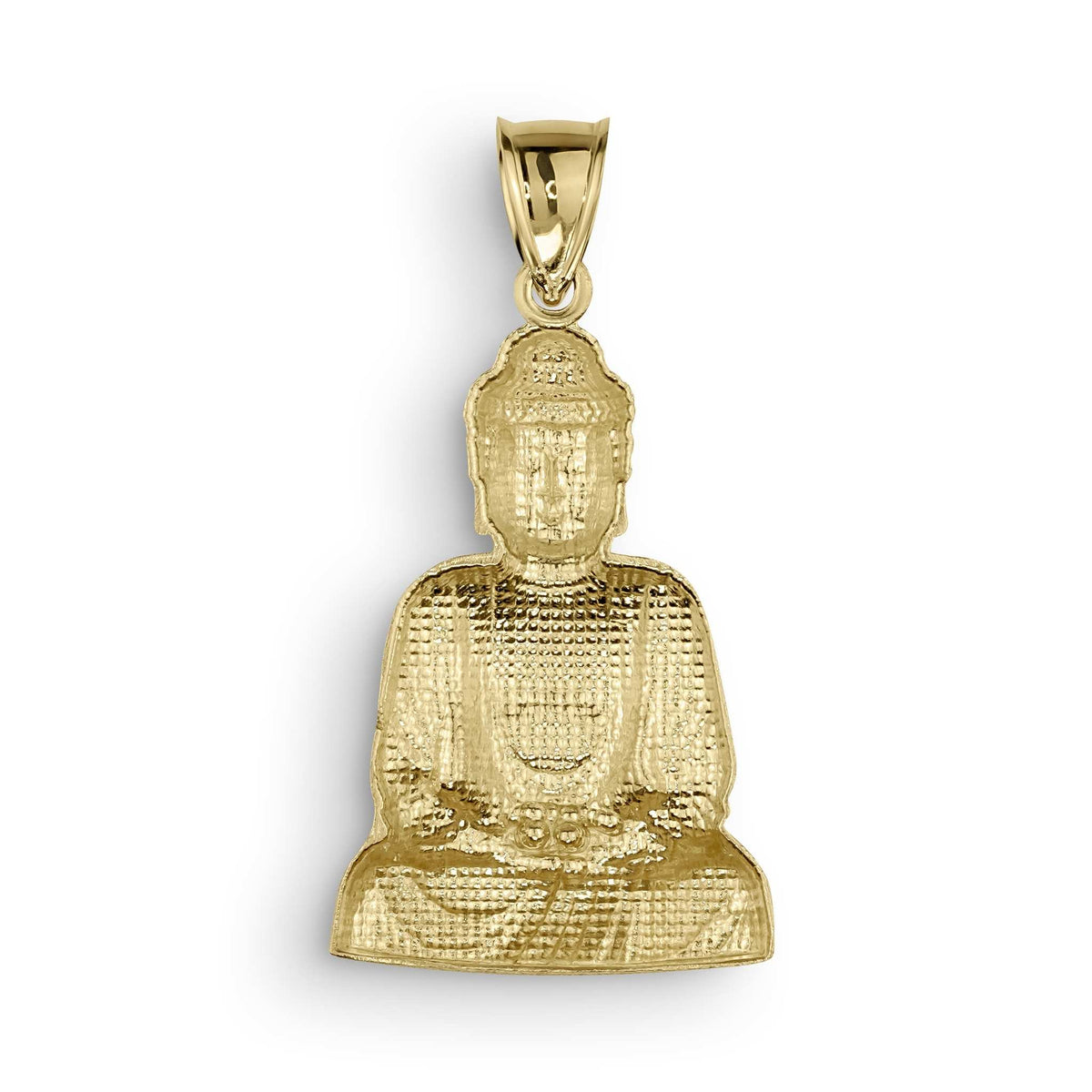 10k yellow gold Buddha pendant with textured detailing and a polished bail against white.