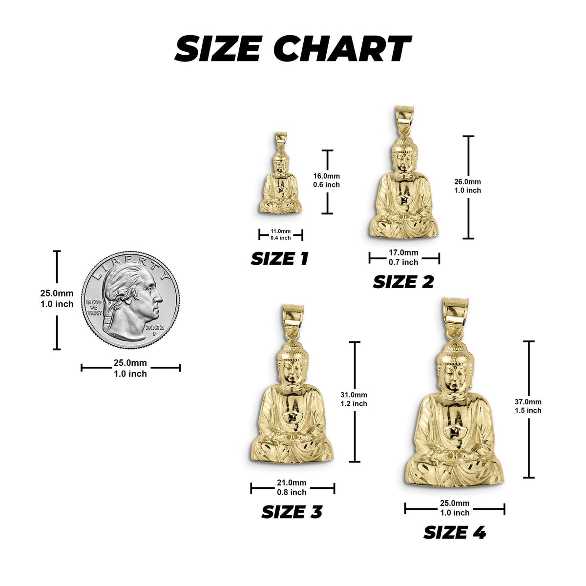 Size chart graphic showing four gold Buddha pendants with millimeter and inch measurements.