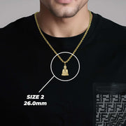 A man wearing a 10k gold Buddha pendant on a rope chain, with text overlay reading "SIZE 2 26.0mm".