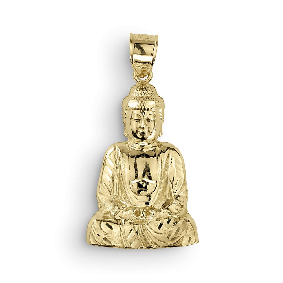 A polished yellow gold pendant of a seated Buddha figure with detailed robes on a white background.