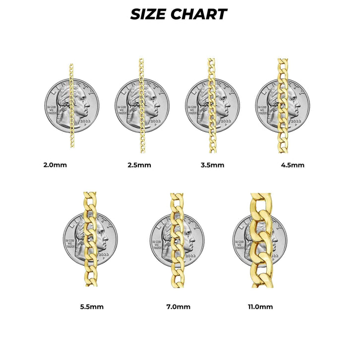A 10k gold classic Cuban curb chain size chart displaying seven different width