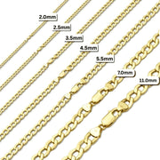 Size comparison chart showing seven different widths of a gold Cuban curb chain necklace.