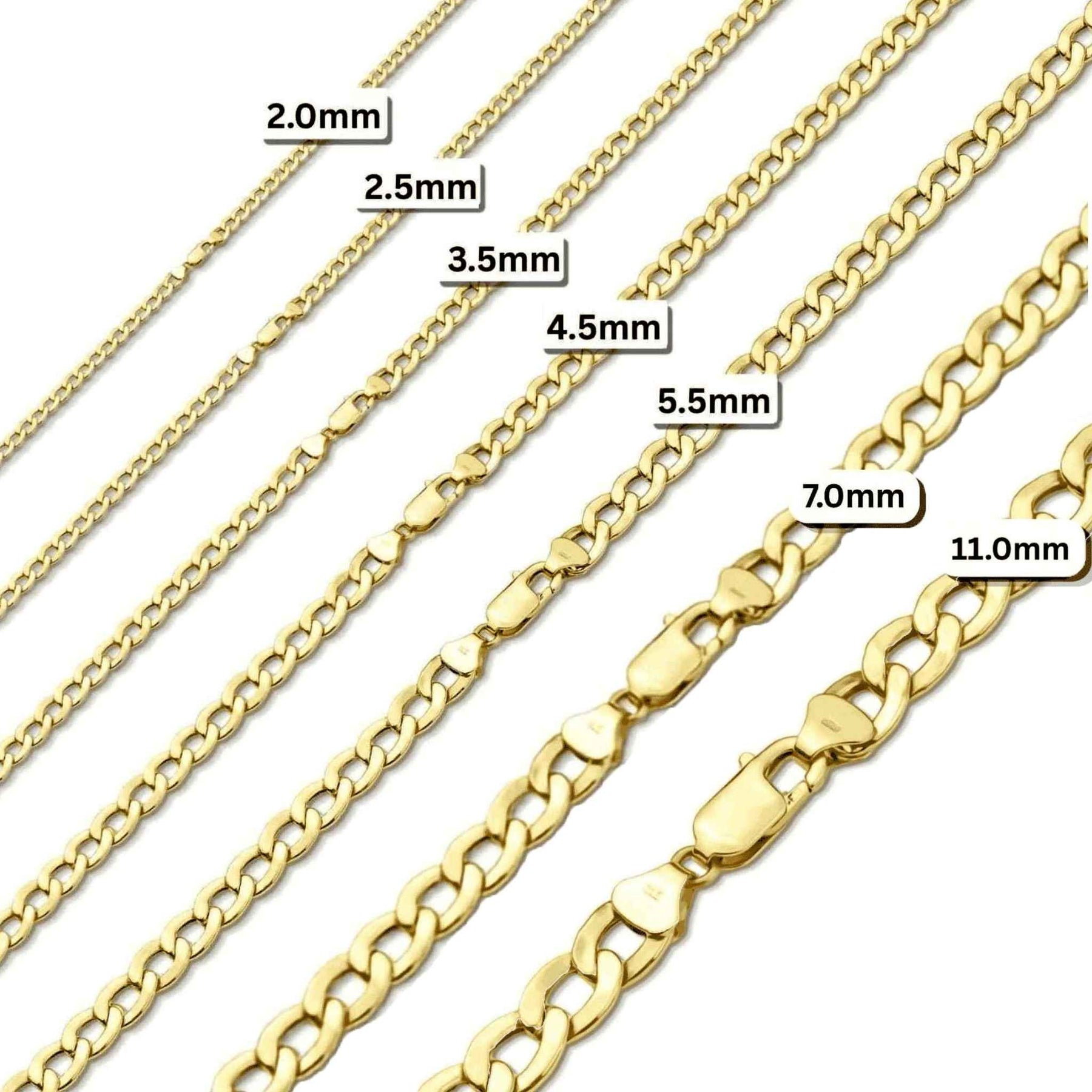 Size comparison chart showing seven different widths of a gold Cuban curb chain necklace.