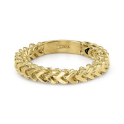 Perspective view of a 10k gold classic Franco band ring showing inner stamp.