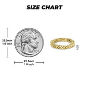 Gold Franco link ring size guide displaying band width next to a quarter.