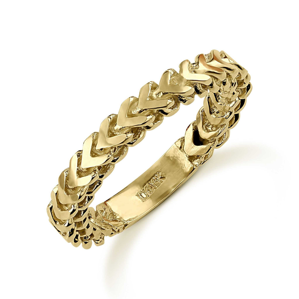 10k yellow gold classic Franco link band ring on a white background.