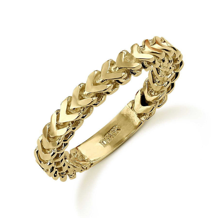 10k yellow gold classic Franco link band ring on a white background.