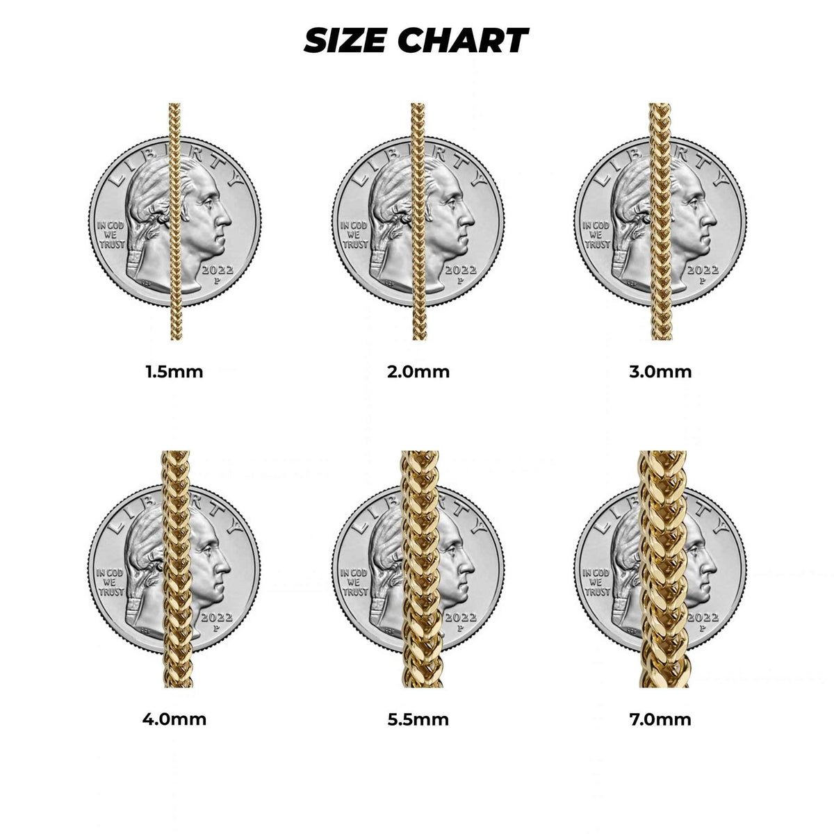 10k yellow gold classic Franco chain thickness size guide with quarter coins for scale reference.