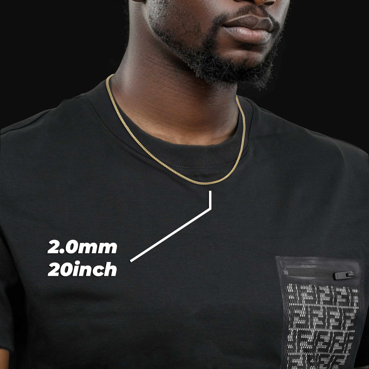 Model wearing a 2.0mm, 20-inch 10k gold classic Franco chain over a black t-shirt.