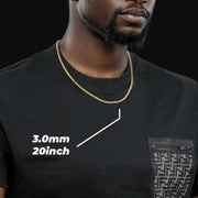 Model wearing a 3.0mm, 20-inch 10k gold classic Franco chain over a black t-shirt.