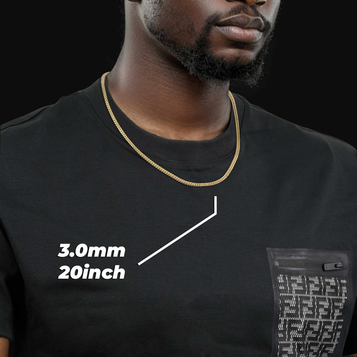 Model wearing a 3.0mm, 20-inch 10k gold classic Franco chain over a black t-shirt.