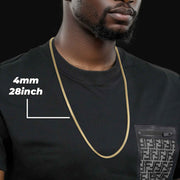 Model wearing a 4.0mm, 28-inch 10k gold classic Franco chain over a black t-shirt.