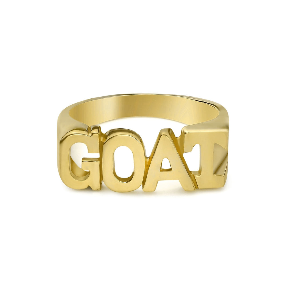 10k yellow gold ring with block letters spelling GOAT on white background.