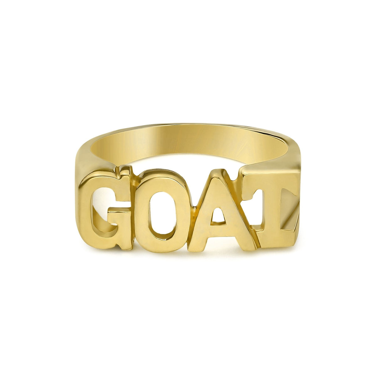 10k yellow gold ring with block letters spelling GOAT on white background.