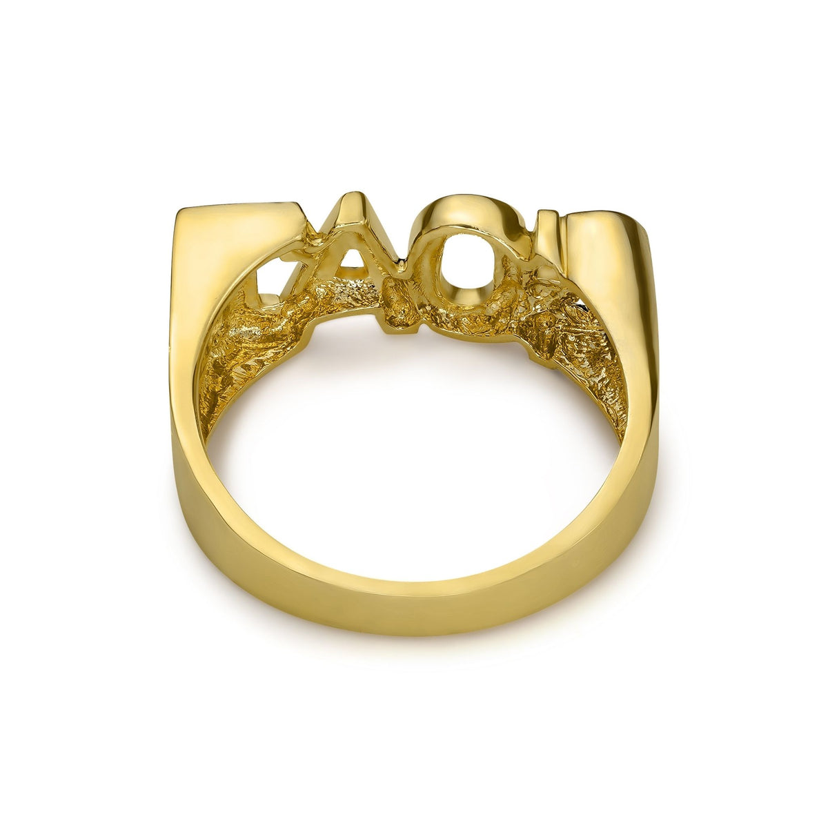 Back view of gold GOAT ring showing textured interior pattern on white background.