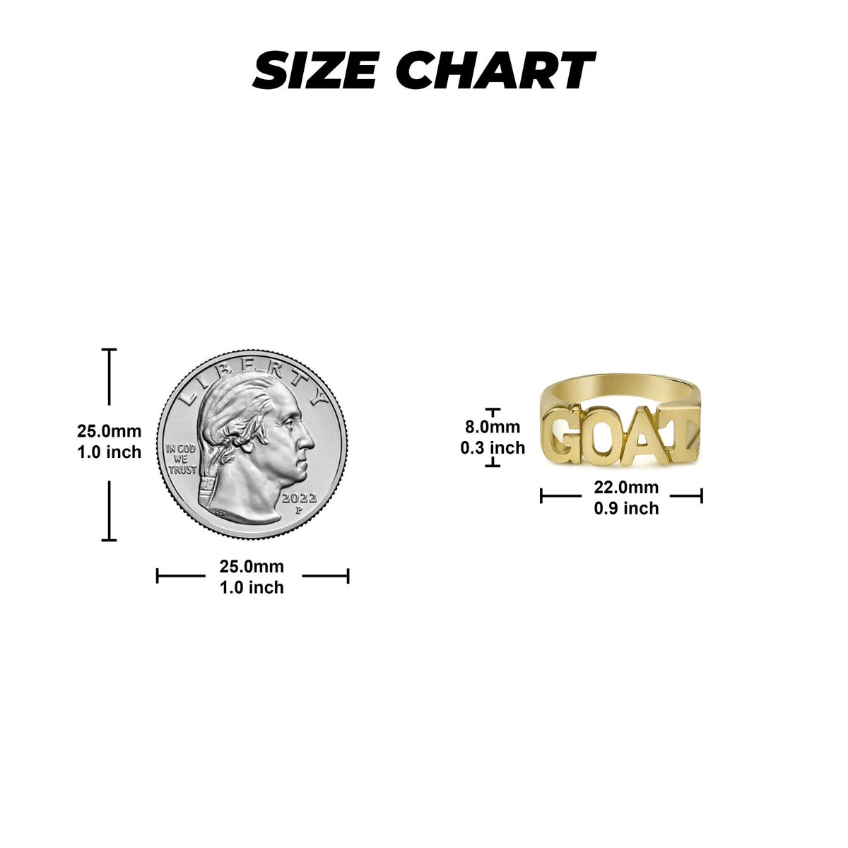 Size chart comparing a gold GOAT ring with a quarter on white background.
