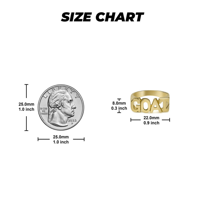 Size chart comparing a gold GOAT ring with a quarter on white background.