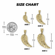 Size chart graphic displaying four 10k Gold Classic Guardian Wing DC Pendant options with millimeter and inch measurements.