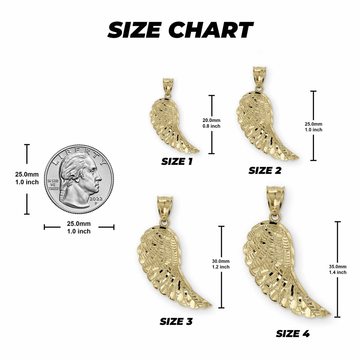 Size chart graphic displaying four 10k Gold Classic Guardian Wing DC Pendant options with millimeter and inch measurements.