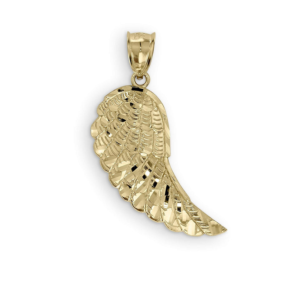 Polished yellow gold angel wing pendant with textured details on a white background.