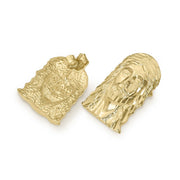 Front and back view of 10k gold classic Jesus face stud earrings.