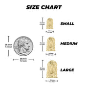 Size chart comparing 10k gold Jesus face stud earrings to a US quarter.