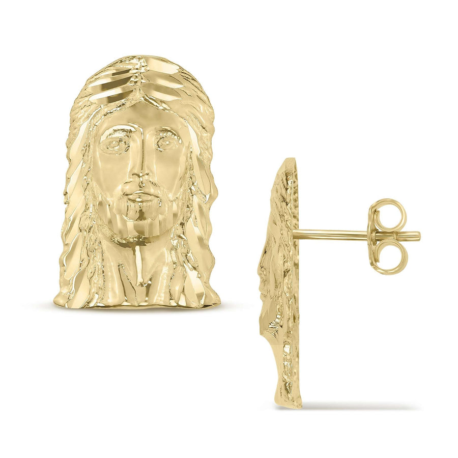 Front and side view of 10k gold Jesus face stud earrings.