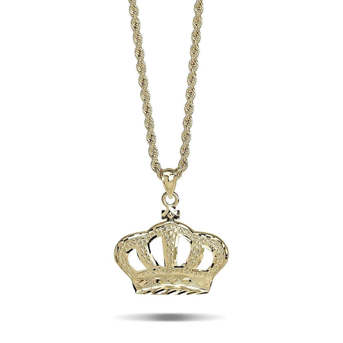 Frontal view of a yellow gold diamond-cut classic king crown pendant attached to a rope chain.