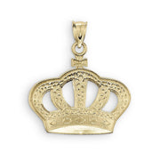 Back view of a yellow gold diamond-cut classic king crown pendant showing its smooth hollow interior.