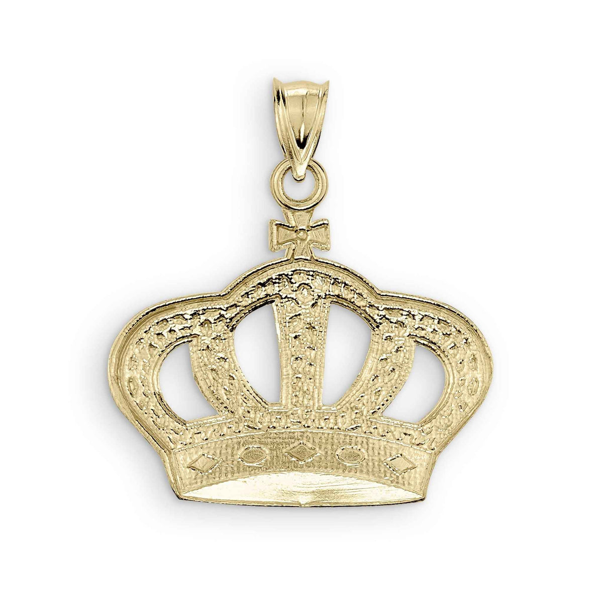 Back view of a yellow gold diamond-cut classic king crown pendant showing its smooth hollow interior.