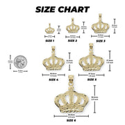 Size chart showing six gold king crown pendants labeled Size 1 through 6 next to a quarter.