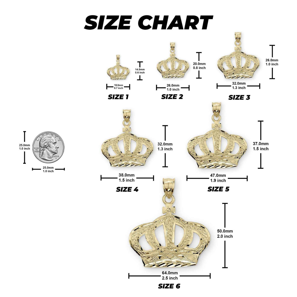 Size chart showing six gold king crown pendants labeled Size 1 through 6 next to a quarter.
