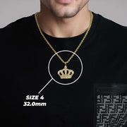 Model wearing Size 4 32mm 10k yellow gold classic king crown diamond-cut pendant necklace