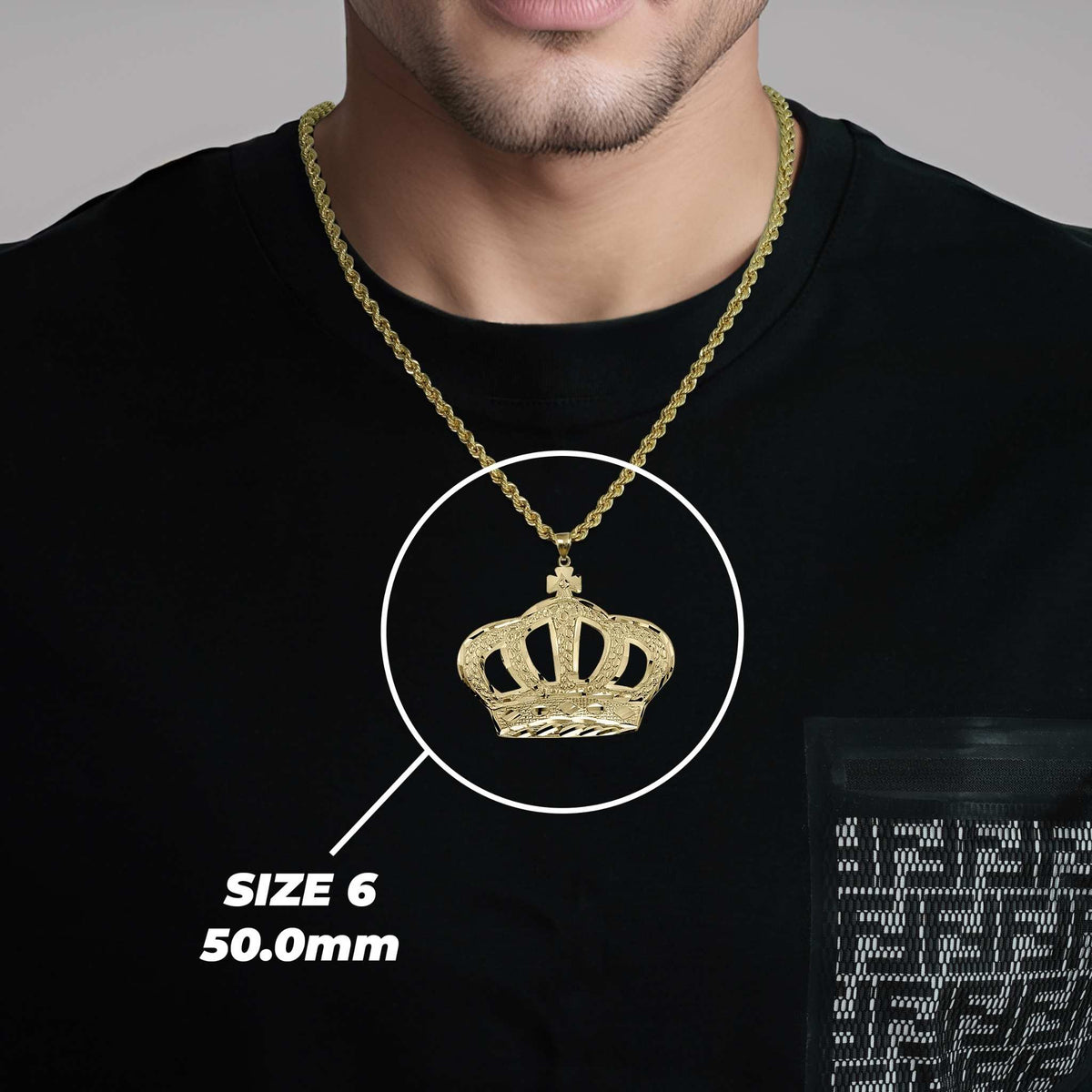 Model wearing Size 6 10k Gold Classic King Crown DC Pendant and rope chain with sizing label overlay.