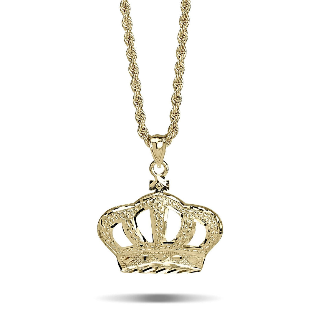 10k yellow gold king crown pendant hanging from a matching rope chain.