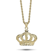 10k yellow gold king crown pendant hanging from a matching rope chain.