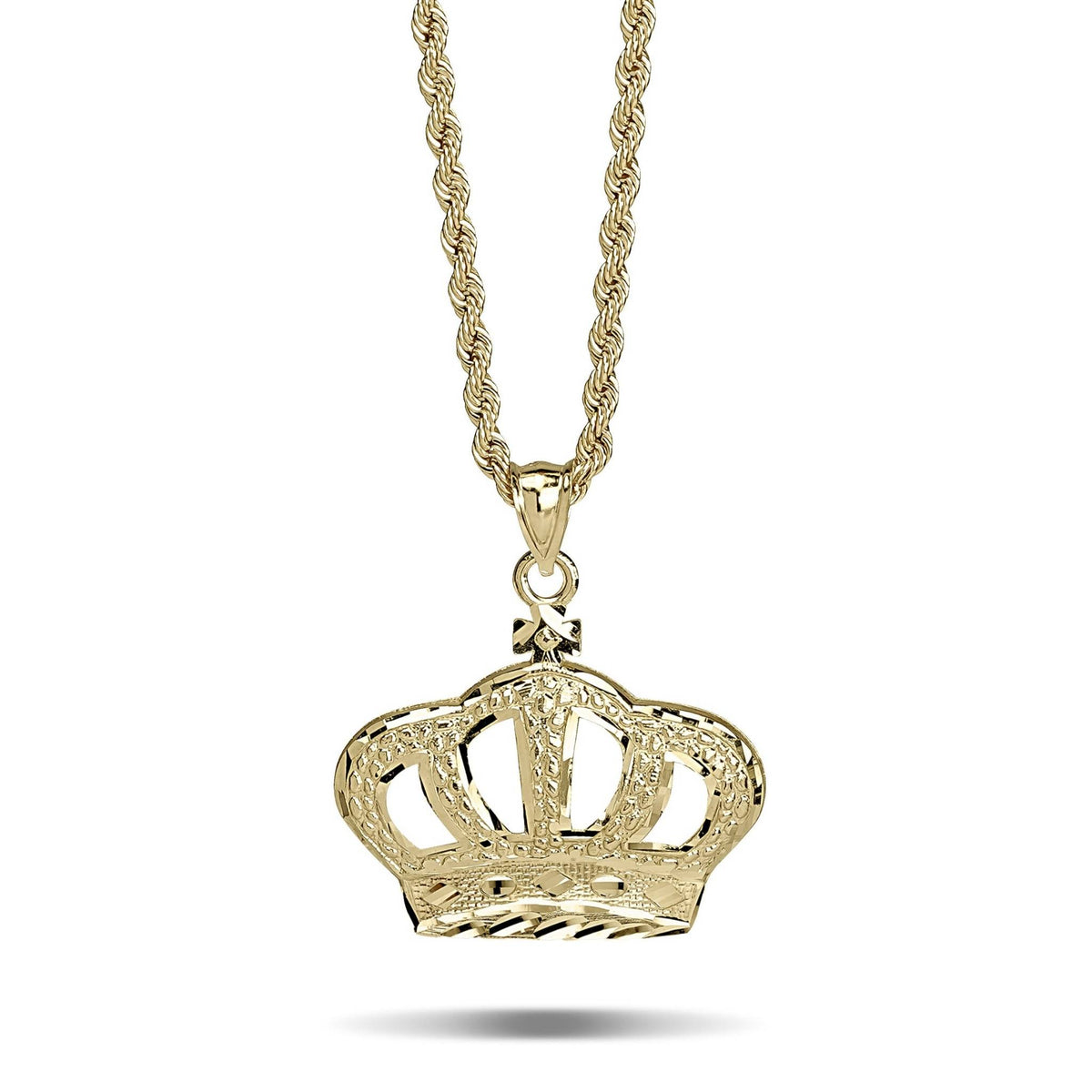 10k yellow gold king crown pendant hanging from a matching rope chain.