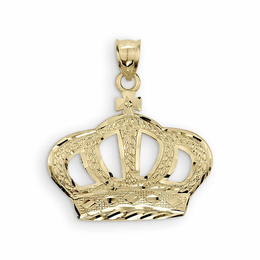 10k yellow gold king crown pendant featuring diamond-cut textures and an intricate cutout arch design.