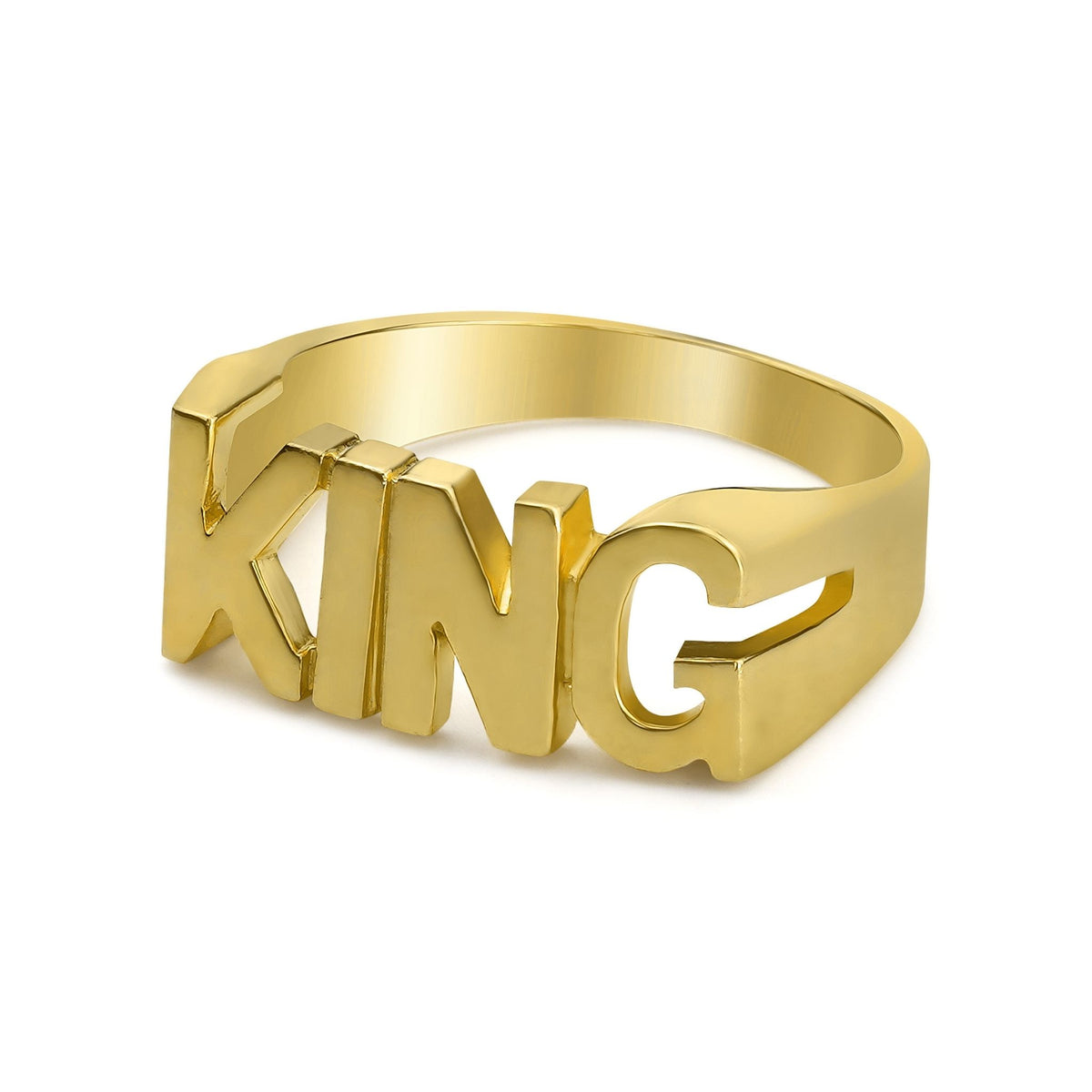 Angled view of a 10k gold KING block letter ring on white background.
